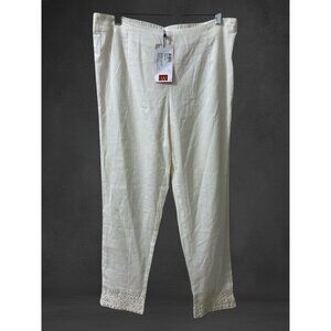 W for Woman Slim Fit White Cotton & Flax Pants With Lace Bead‎ Hem Size 12